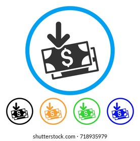 Get Banknotes icon. Vector illustration style is a flat iconic get banknotes gray rounded symbol inside light blue circle with black, green, blue, yellow color versions.