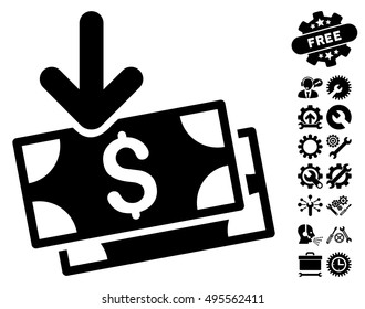 Get Banknotes pictograph with bonus tools images. Vector illustration style is flat iconic symbols, black color, white background.
