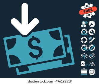 Get Banknotes pictograph with bonus tools pictogram. Vector illustration style is flat iconic bicolor symbols, blue and white colors, dark blue background.