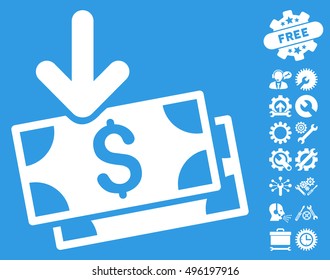 Get Banknotes pictograph with bonus tools design elements. Vector illustration style is flat iconic symbols, white color, blue background.