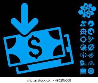 Get Banknotes pictograph with bonus tools pictograph collection. Vector illustration style is flat iconic symbols, blue color, black background.