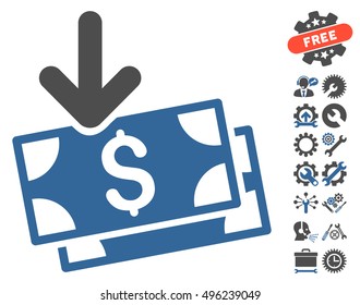 Get Banknotes pictograph with bonus tools pictogram. Vector illustration style is flat iconic bicolor symbols, cobalt and gray colors, white background.