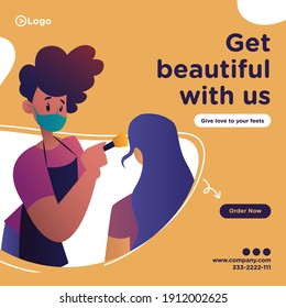 Get beautiful with us banner design. Salon man wearing the face mask and is doing makeup on a girl's face. Vector graphic illustration.