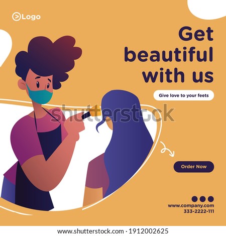 Get beautiful with us banner design. Salon man wearing the face mask and is doing makeup on a girl's face. Vector graphic illustration.