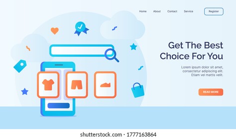 Get the best choice for you clothing image on smartphone screen icon campaign for web website home homepage landing template banner with cartoon flat style.