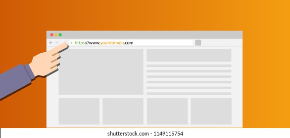 Get best domain name or website to grow your business, vector illustration brower with landing page website, hand and modern orange background