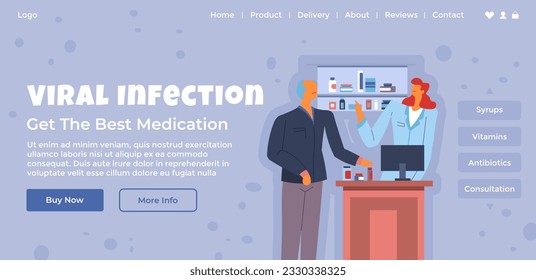 Get best medicine for viral infection, treatment and curing of disease or illness. Buy now syrups and vitamins, antibiotics. Website landing page template, internet site. Vector in flat style