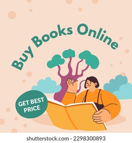 Get best price buying books online. Person with publication enjoying reading fiction or novel, literature lover. Student with publication. Promotional banner or advertisement. Vector in flat style