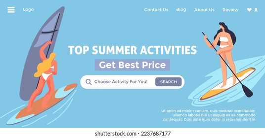 Get best price on top summer activities. Surfboarding and windsurfing, entertainment on the water, and improvement of skills. Website landing page, internet web template. Vector in flat style