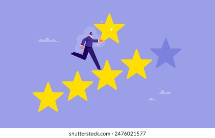 Get the best ratings concept, businessman take the stars to build five-star steps, ratings and feedback, excellent service and satisfaction, good reputation and quality