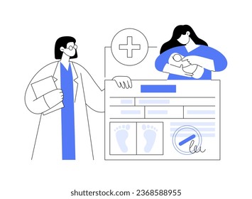 Get birth certificate for a newborn abstract concept vector illustration. Maternity hospital worker making newborn footprint to get birth certificate, citizen services abstract metaphor.