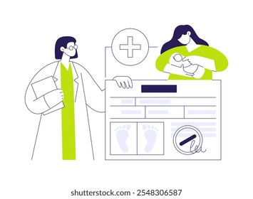 Get birth certificate for a newborn abstract concept vector illustration. Maternity hospital worker making newborn footprint to get birth certificate, citizen services abstract metaphor.