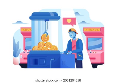 Get bitcoin coins from arcade claw machine game illustration concept