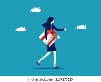Get a bonus. businesswoman holds a gift box. business concept vector