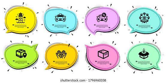 Get box, Car leasing and Parcel tracking signs. Chat bubbles with quotes. Office box, Taxi and Lighthouse line icons set. Ferris wheel symbol. Public transportation, Beacon tower. Vector