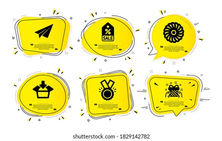 Get box, Fan engine and Honor icons simple set. Yellow speech bubbles with dotwork effect. Sale coupon, Paper plane and Gift signs. Send package, Ventilator, Medal. Vector