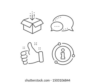 Get box line icon. Chat bubble, info sign elements. Open delivery parcel sign. Cargo package symbol. Linear get box outline icon. Information bubble. Vector