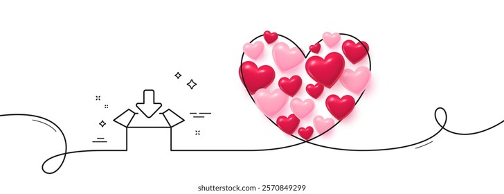 Get box line icon. Continuous line big heart. Open delivery parcel sign. Cargo package symbol. 3d hearts in heart shaped loop. Get box single line ribbon. Loop curve pattern. Vector