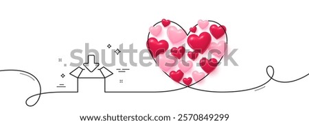 Get box line icon. Continuous line big heart. Open delivery parcel sign. Cargo package symbol. 3d hearts in heart shaped loop. Get box single line ribbon. Loop curve pattern. Vector