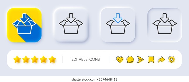 Get box line icon. Neumorphic, Flat shadow, 3d buttons. Open delivery parcel sign. Cargo package symbol. Line get box icon. Social media icons. Vector