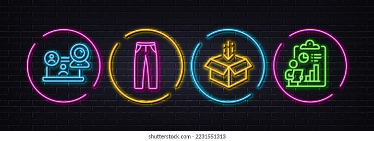 Get box, Pants and Video conference minimal line icons. Neon laser 3d lights. Report icons. For web, application, printing. Send package, Man trousers, Remote training. Survey clipboard. Vector