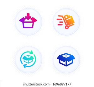 Get box, Return parcel and Push cart icons simple set. Button with halftone dots. Open box sign. Send package, Exchange of goods, Express delivery. Delivery package. Transportation set. Vector