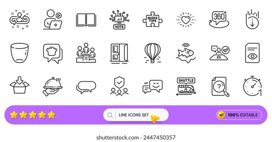 Obtener cuadro, documento de Búsqueda e iconos de línea de libro para el App de Web. Paquete de comida de restaurante, emoción feliz, iconos de pictogramas de autobús de transporte. Vidrio, puerta abierta, señales de puntas rápidas. Fishfinder, baja. Vector