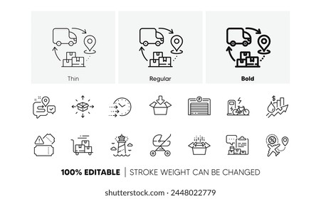 Get box, Supply chain and Parcel delivery line icons. Pack of Journey, Delivery time, Rise price icon. Flight sale, Parking garage, Electric bike pictogram. Baby carriage, Tickets. Line icons. Vector