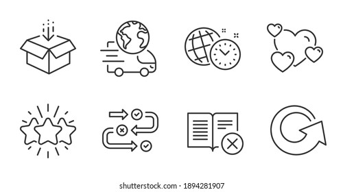 Get box, Time management and Heart line icons set. Reload, Reject book and Delivery service signs. Survey progress, Star symbols. Send package, World clock, Love rating. Business set. Vector