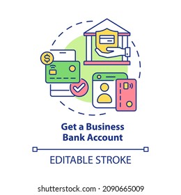 Get Business Bank Account Concept Icon. Startup Financial Solution. Small Business Banking Service Abstract Idea Thin Line Illustration. Vector Isolated Outline Color Drawing. Editable Stroke