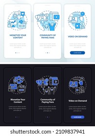 Get cash from subscription night, day mode onboarding mobile app screen. Walkthrough 3 steps graphic instructions pages with linear concepts. UI, UX, GUI template. Myriad Pro-Bold, Regular fonts used