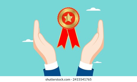 get a certificate from training, Success in obtaining a skills certificate, getting international certificate for meet work quality control standards, businessman hand holding ribbon of appreciation