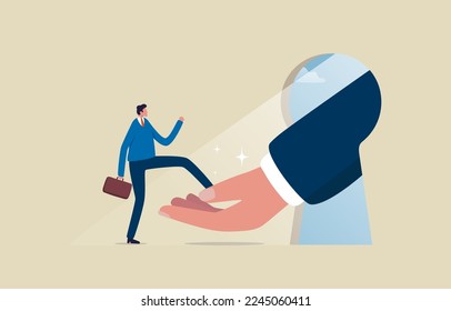Get a chance. Support for new opportunities. Job Career Promotion. A businessman walks up on a giant hand. Illustration