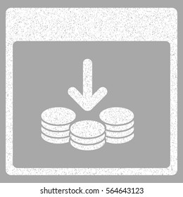 Get Coins Calendar Page grainy textured icon for overlay watermark stamps. Flat symbol with scratched texture. Dotted vector white ink rubber seal stamp with grunge design on a silver background.