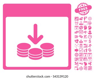 Get Coins Calendar Page icon with bonus calendar and time management symbols. Vector illustration style is flat iconic symbols, pink, white background.