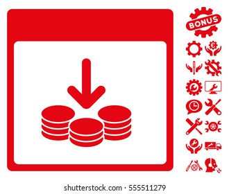 Get Coins Calendar Page pictograph with bonus options icon set. Vector illustration style is flat iconic symbols, red, white background.