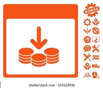 Get Coins Calendar Page pictograph with bonus settings design elements. Vector illustration style is flat iconic symbols, orange, white background.