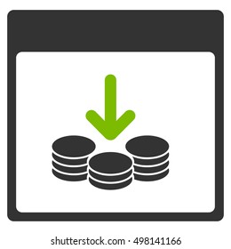 Get Coins Calendar Page vector icon. Style is flat graphic bicolor symbol, eco green and gray colors, white background.