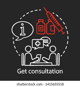 Get consultation chalk icon. Health check. Clinic center. Doctor appointment. Disease prevention. Medical instruments. Plastic surgery center. Isolated vector chalkboard illustration