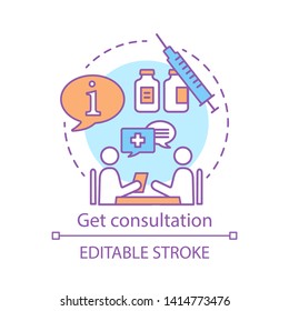 Get consultation concept icon. Health check idea thin line illustration. Clinic center. Doctor appointment. Disease prevention. Vector isolated outline drawing. Editable stroke