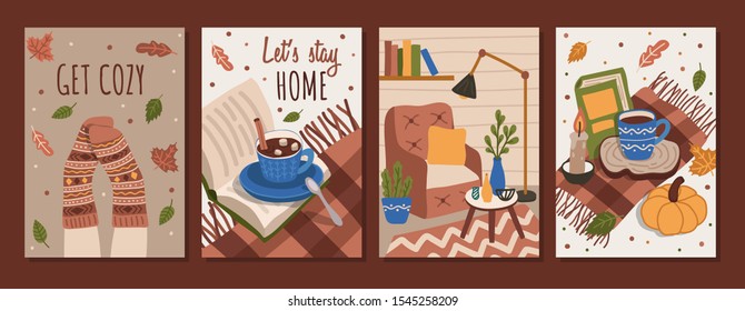 Get cozy, lets stay home autumn cards set vector illustration. Autumn templates with cup of hot beverage and book at home. Leisure with literature and mug flat style design