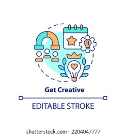 Get creative concept icon. Unique offer. Increasing business meeting attendance abstract idea thin line illustration. Isolated outline drawing. Editable stroke. Arial, Myriad Pro-Bold fonts used