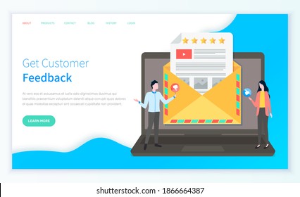 Get Customer Feedback Landing Page Template With Confuse Businessmen Getting A Variety Of Feedback From Manager Or Customer. A Group Of Colleagues Stands Near A Computer With An Email Or Letter