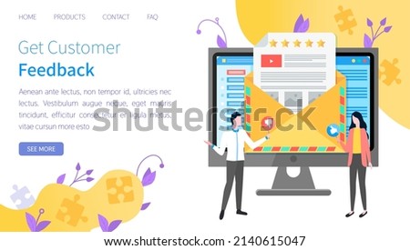 Get customer feedback website landing page template. Colleagues stands near computer with email letter. Program for marketing analysis, customer survey research. Business webpage for work with clients