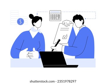 Get debt consolidation loan abstract concept vector illustration. Serious businesswoman borrow money from a bank, apply for credit, government sector, bureaucracy sector abstract metaphor.