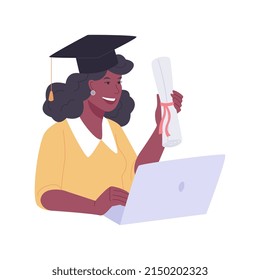 Get a digital diploma isolated cartoon vector illustrations. Happy girl with graduation cap and laptop, online degree, distance learning, virtual education, digital certificate vector cartoon.