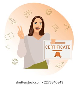 Get a digital diploma isolated cartoon vector illustrations. Happy girl online degree, distance learning, virtual education, digital certificate vector cartoon.	