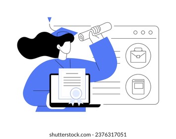 Get a digital diploma isolated cartoon vector illustrations. Happy girl with graduation cap and laptop, online degree, distance learning, virtual education, digital certificate vector cartoon.