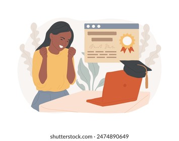 Get a digital diploma isolated cartoon vector illustrations. Happy girl with graduation cap and laptop, online degree, distance learning, virtual education, digital certificate vector cartoon.