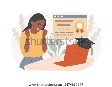 Get a digital diploma isolated cartoon vector illustrations. Happy girl with graduation cap and laptop, online degree, distance learning, virtual education, digital certificate vector cartoon.